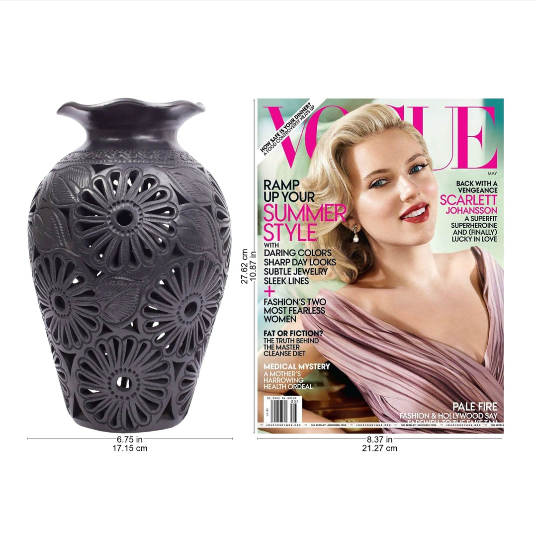 Ornate Floral Black Pottery Vase - Ruffled Dahlias