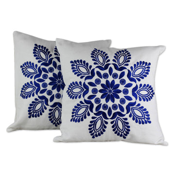 Blue and White Embroidered Floral Cushion Covers (Pair) - Blue Delhi Splendor