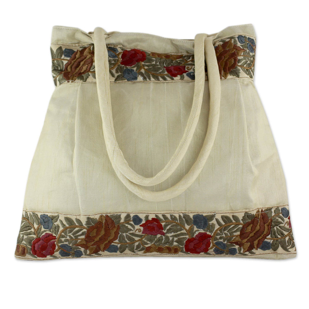 Beige Floral Embroidery Shoulder Bag - Floral Beige