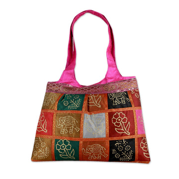 Hot Pink Tote Handbag with Golden Block Prints - Fuchsia in Kutch