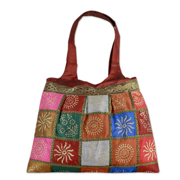 Red Tote Handbag with Golden Block Prints - Crimson in Kutch