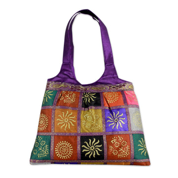 Purple Tote Handbag with Golden Block Prints - Purple in Kutch