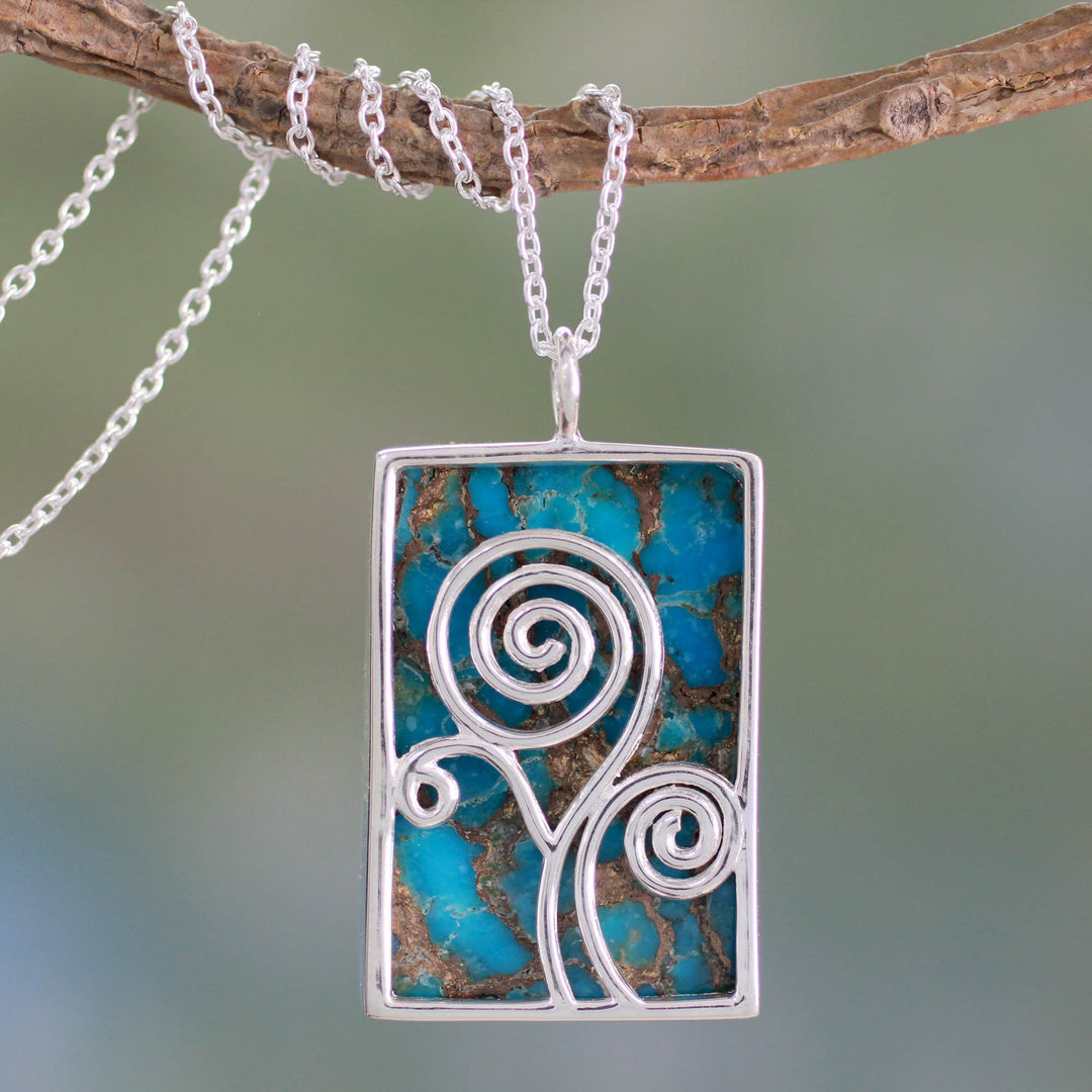 Silver and Composite Turquoise Necklace India Modern Jewelry - Happy Tree