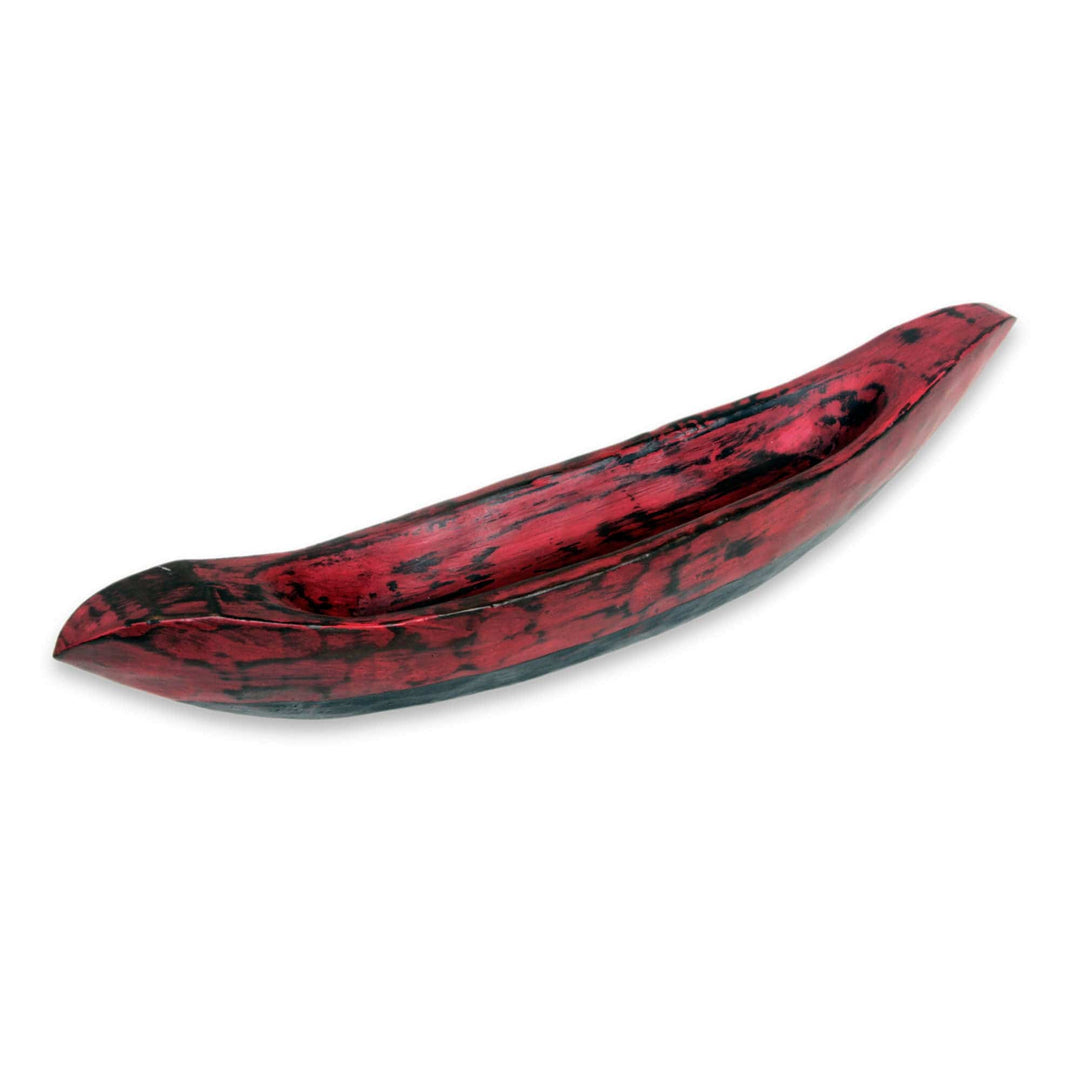 Red Hand Carved Boat Theme Catchall from Bali - Vintage Red Canoe