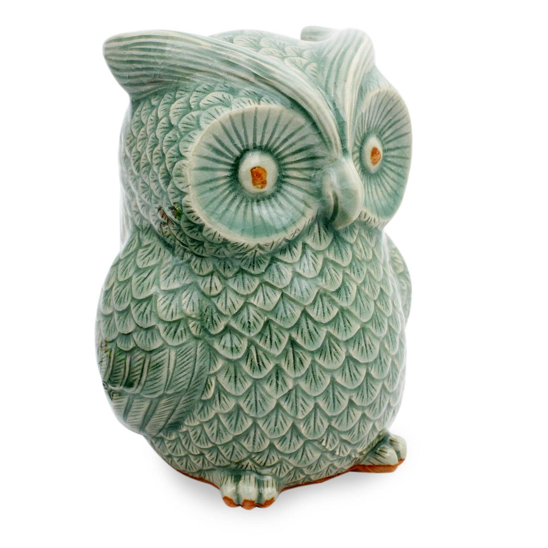 Handcrafted Glazed Celadon Ceramic Owl Statuette - Light Green Wise Owl