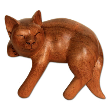 Signed Balinese Tabby Cat Sculpture - Smiling Cat Relaxes