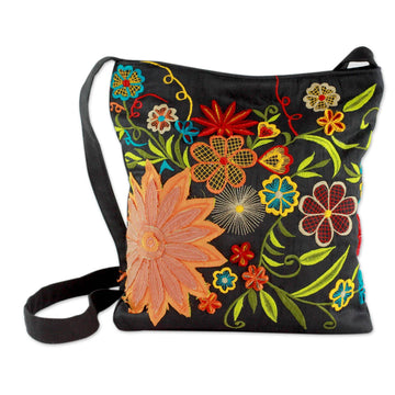Floral Embroidery on Black Cotton Blend Shoulder Bag - Tropical Paradise