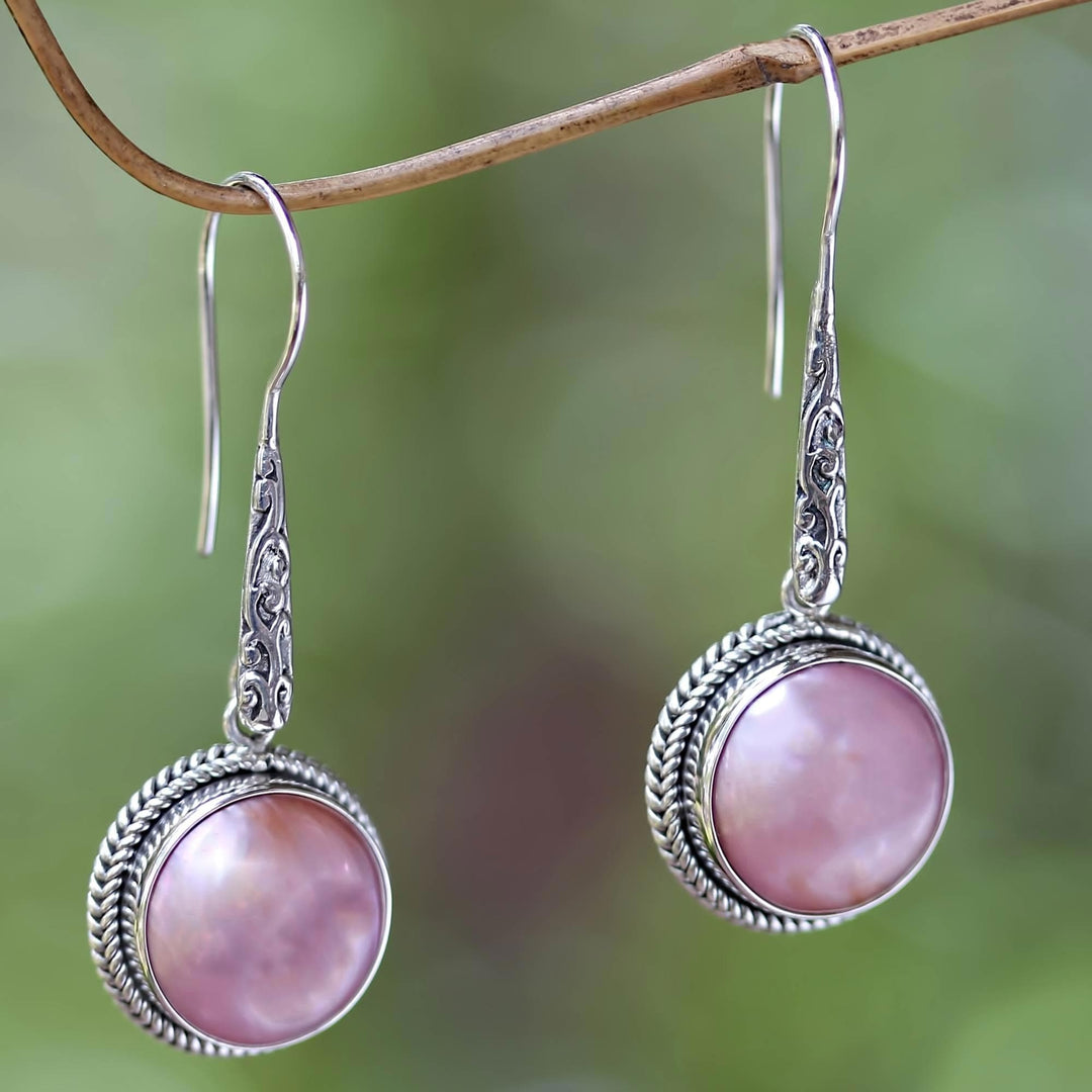 Balinese Cultured Pink Pearl Dangle Earrings - Balinese Camellia