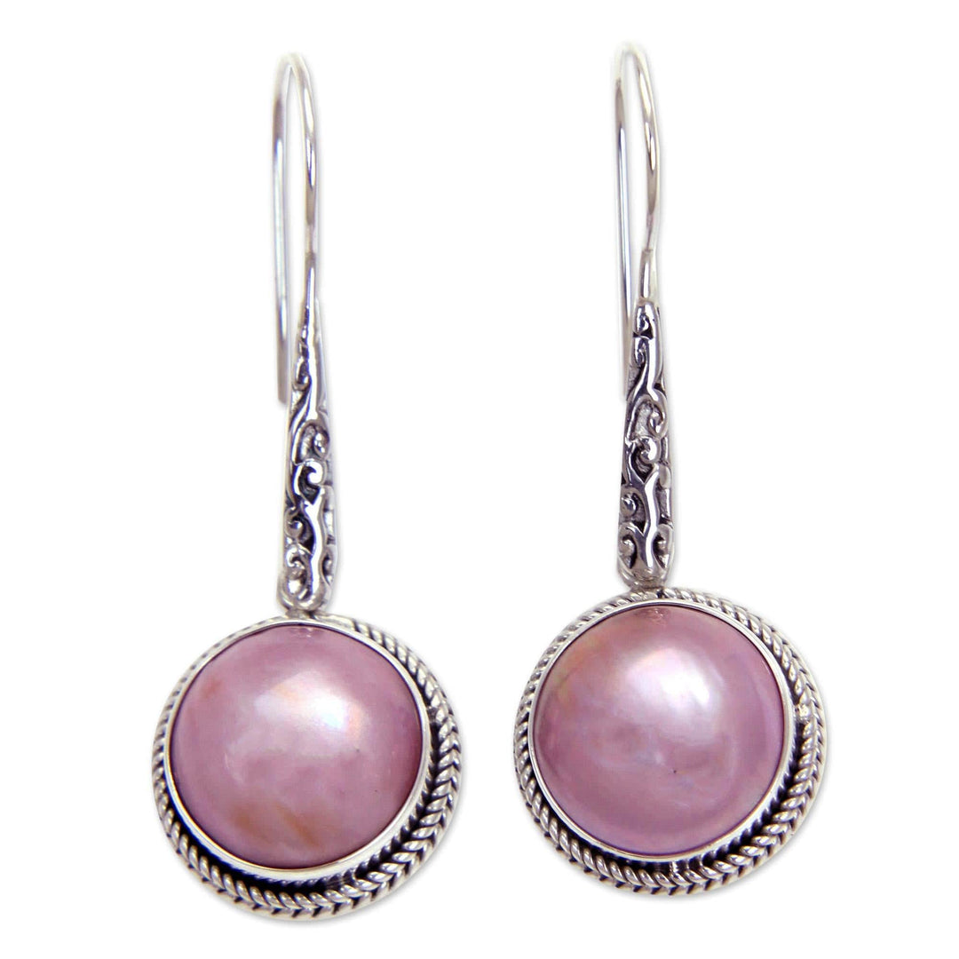 Balinese Cultured Pink Pearl Dangle Earrings - Balinese Camellia