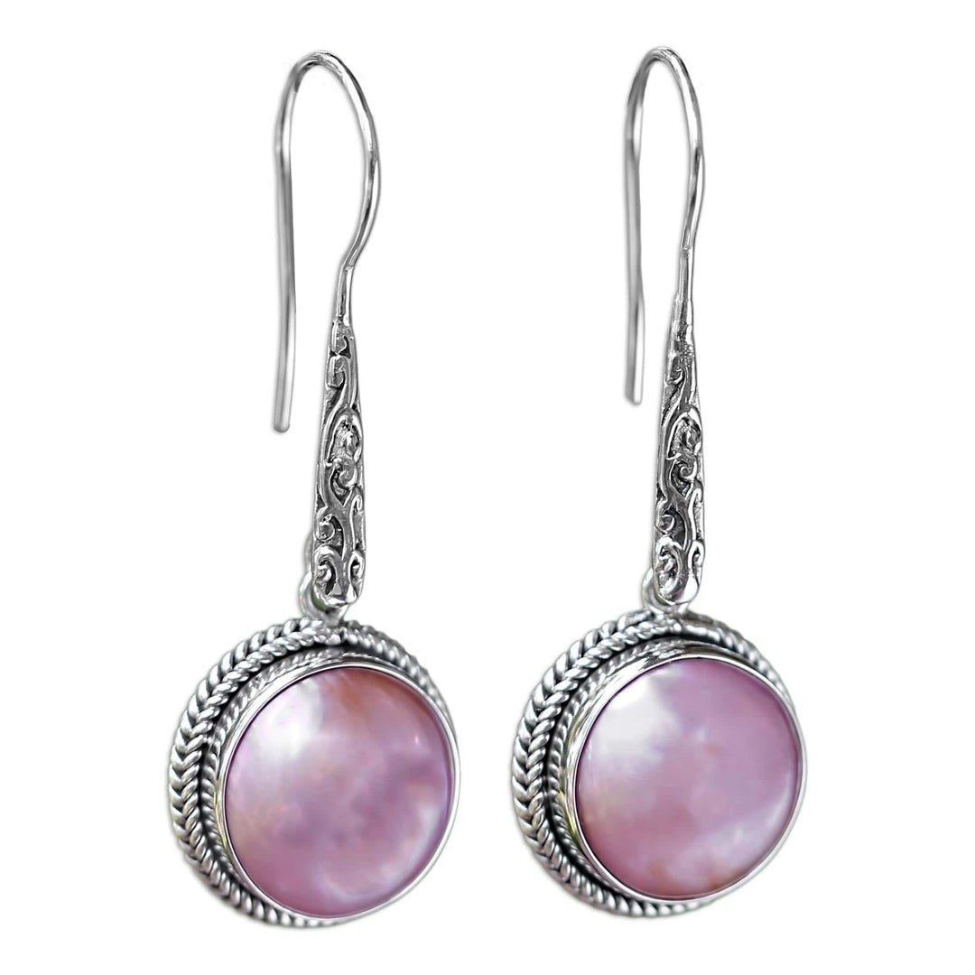 Balinese Cultured Pink Pearl Dangle Earrings - Balinese Camellia