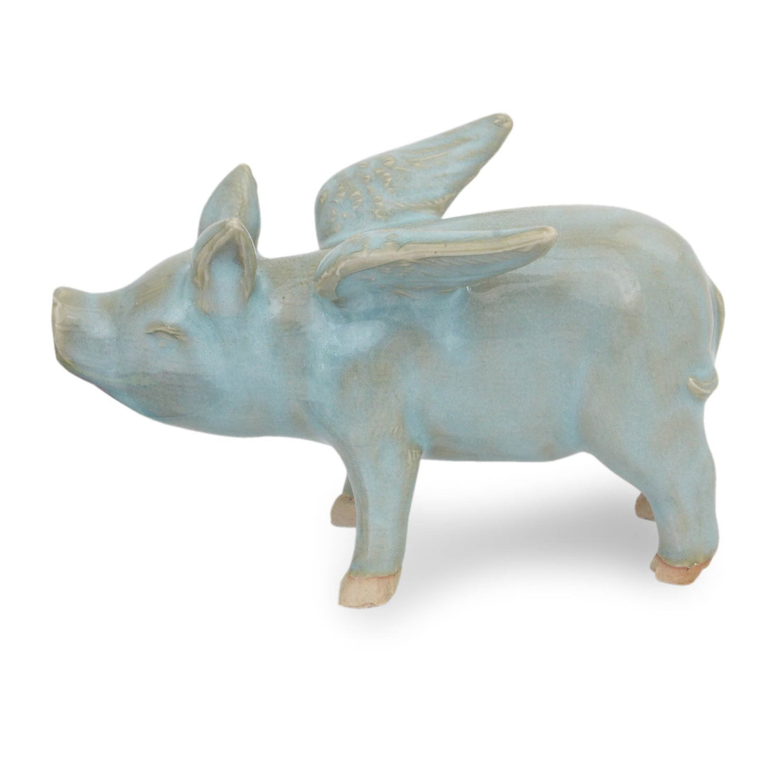 Handcrafted Blue Ceramic Flying Pig from Thailand - Flying Blue Pig