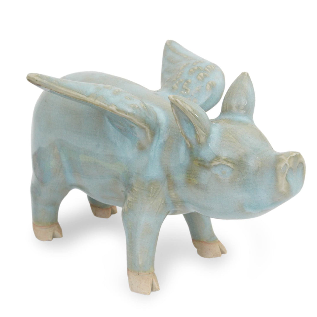 Handcrafted Blue Ceramic Flying Pig from Thailand - Flying Blue Pig