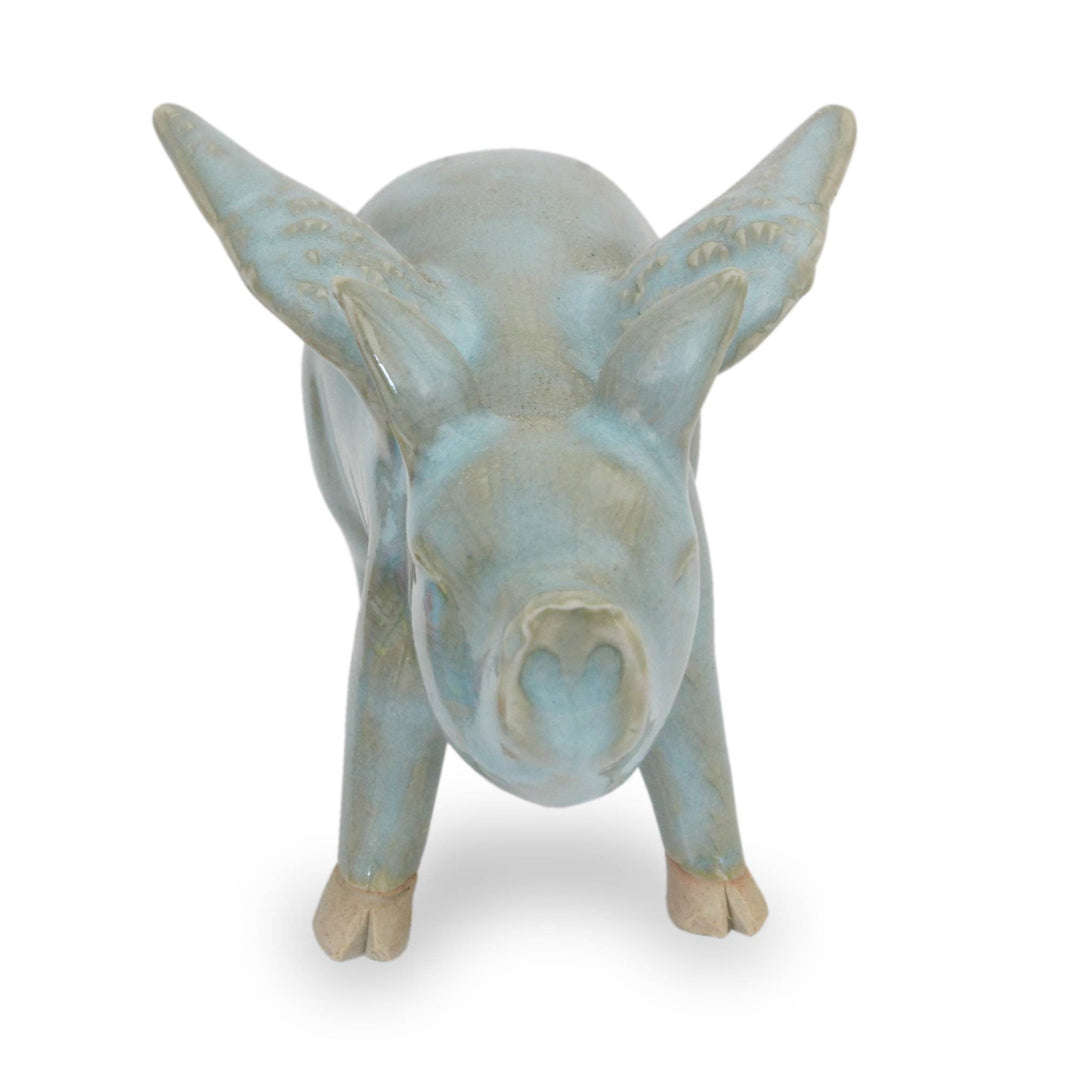 Handcrafted Blue Ceramic Flying Pig from Thailand - Flying Blue Pig