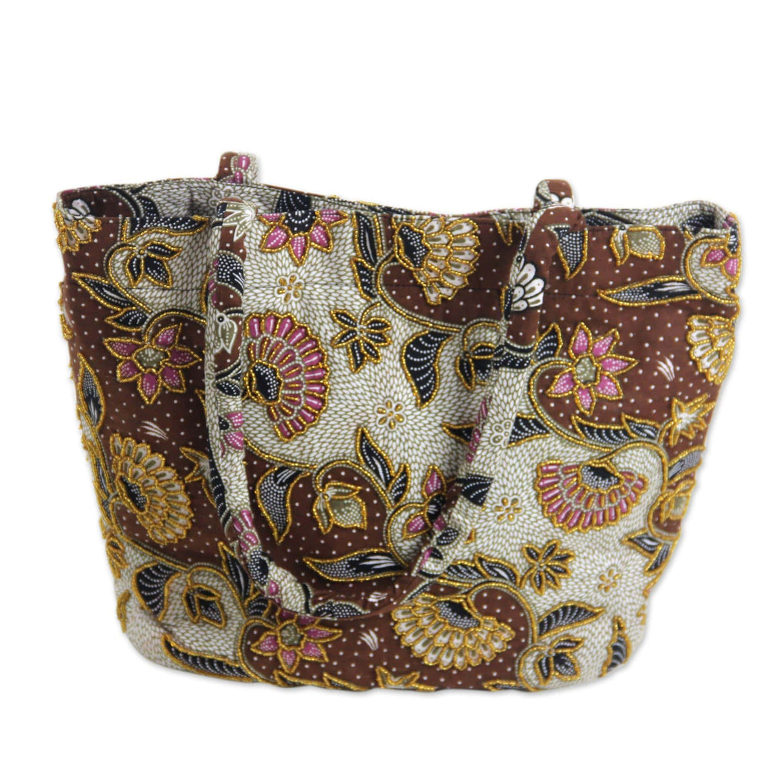 Fair Trade Beaded Brown Floral Cotton Batik Tote Bag - Brown Kembang Kapas