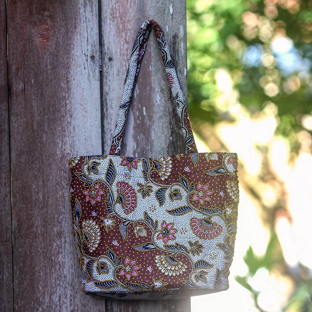 Fair Trade Beaded Brown Floral Cotton Batik Tote Bag - Brown Kembang Kapas