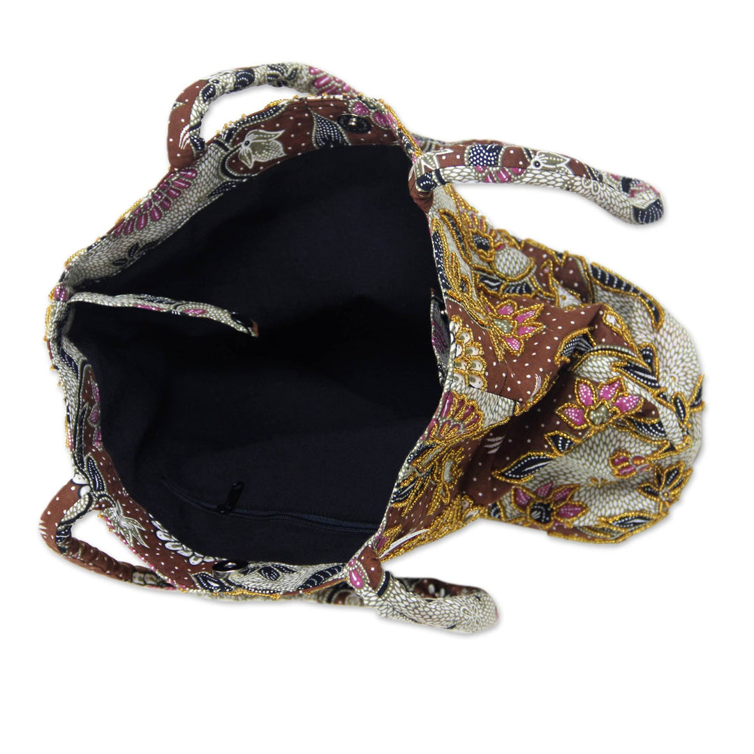 Fair Trade Beaded Brown Floral Cotton Batik Tote Bag - Brown Kembang Kapas