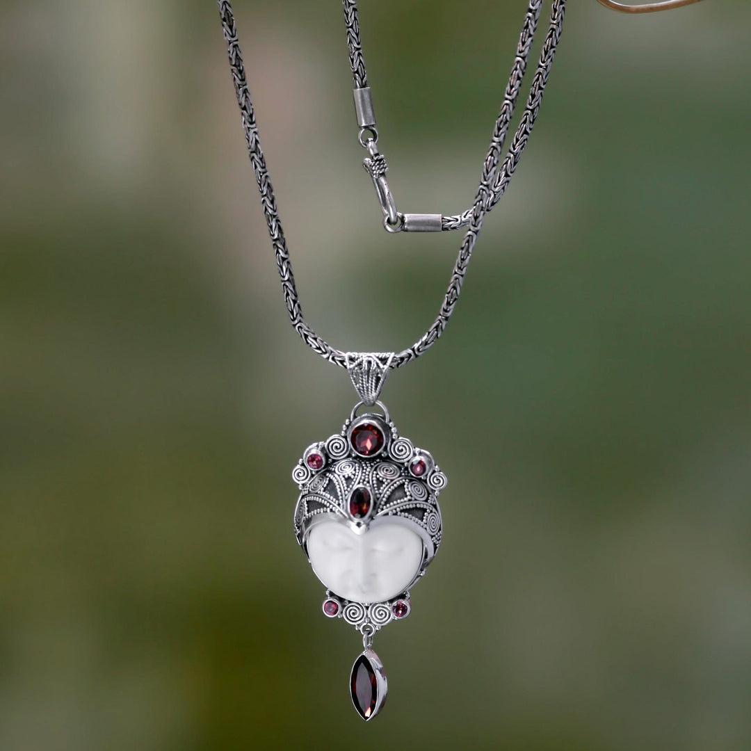 Carved Pendant Necklace with Garnet from Bali - Layonsari