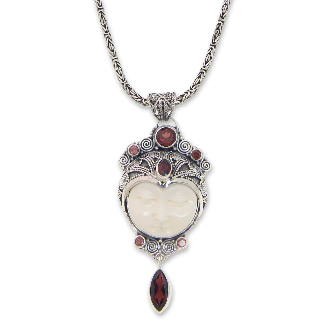 Carved Pendant Necklace with Garnet from Bali - Layonsari