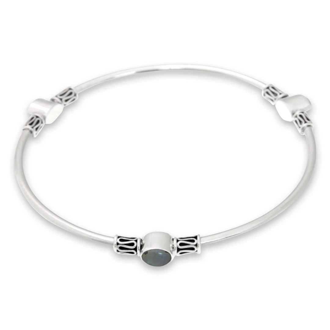 Silver 925 Bangle Bracelet with Rainbow Moonstone (large) - Harmony of Three