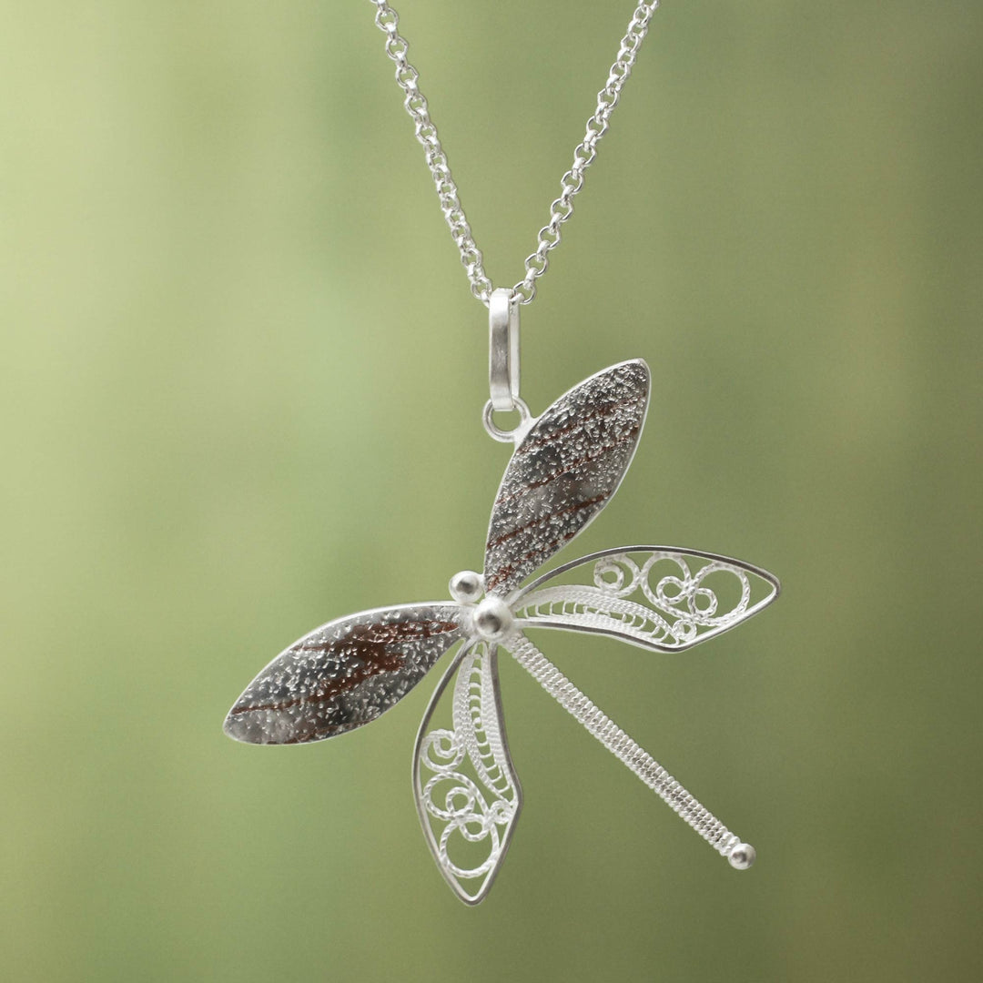 Sterling Silver Filigree Pendant Necklace and Copper Accents - Poised Dragonfly
