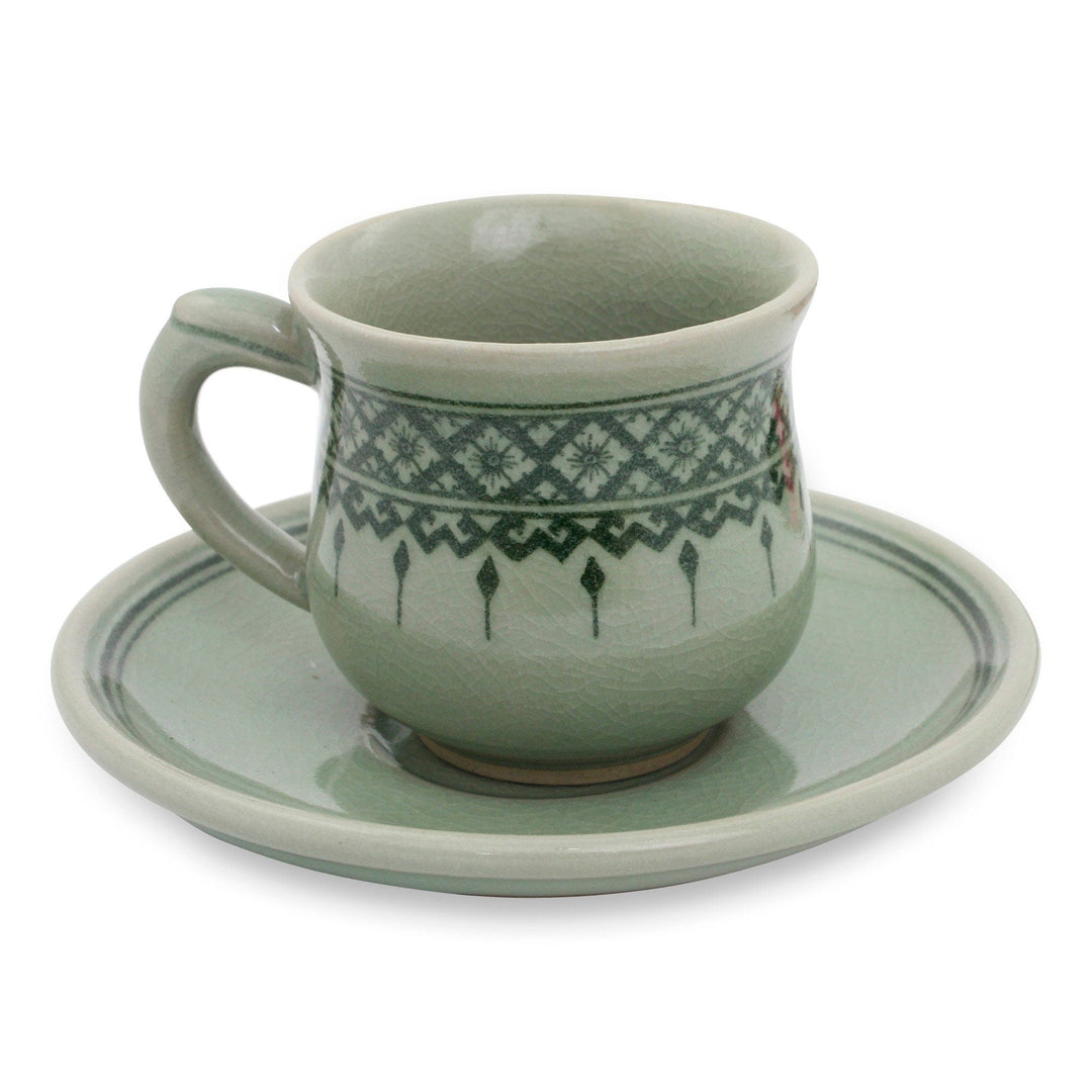 Thai Artisan Crafted Green Celadon Cup and Saucer - Thai Weavings