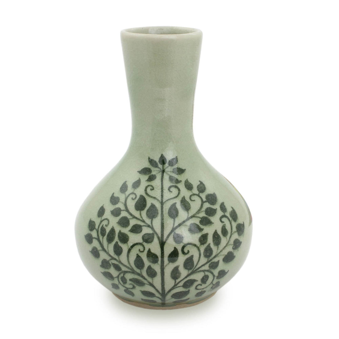 Fair Trade Thai Celadon Vase with Bodhi Tree Motif - Thai Bodhi