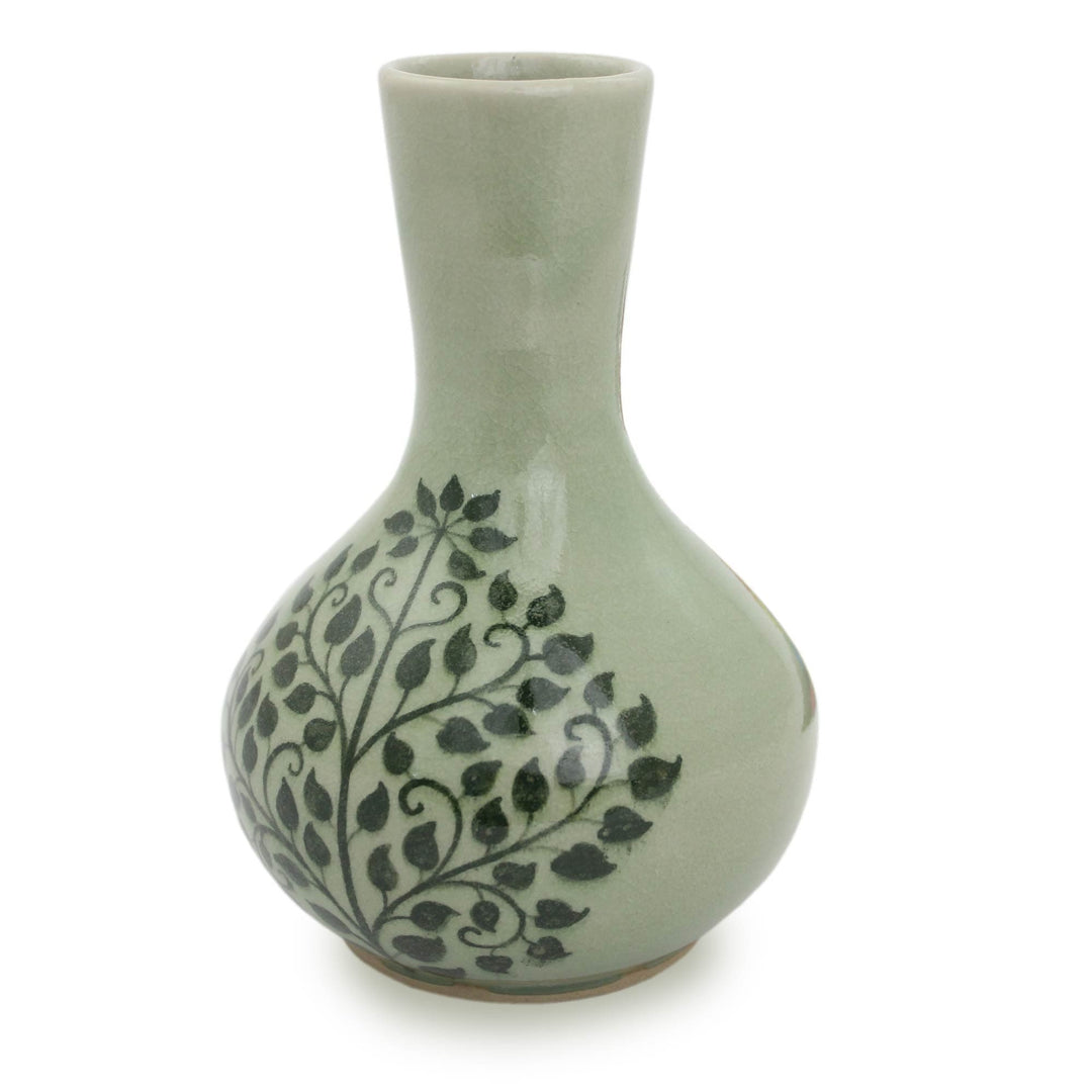 Fair Trade Thai Celadon Vase with Bodhi Tree Motif - Thai Bodhi