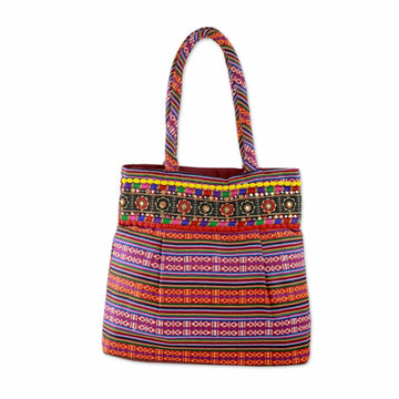 Multicolored Hand-Loomed Cotton Shoulder Bag from India - Rainbow Charm