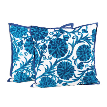 Blue Floral Embroidered Cushion Covers from India (pair) - Blue Dahlias