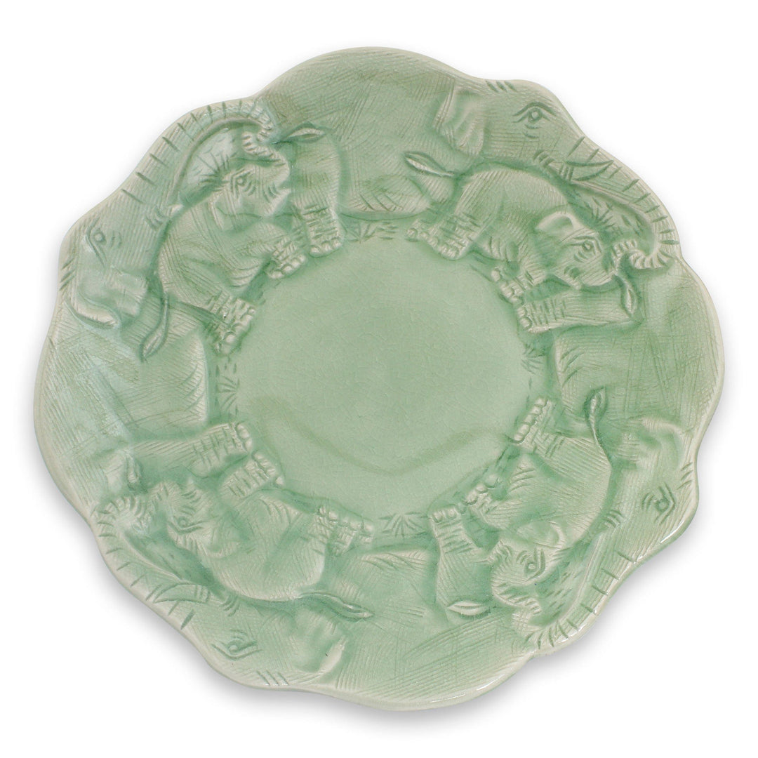 Artisan Crafted Elephant Theme Thai Celadon Ceramic Plate - Elephant Family