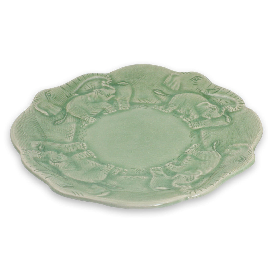 Artisan Crafted Elephant Theme Thai Celadon Ceramic Plate - Elephant Family