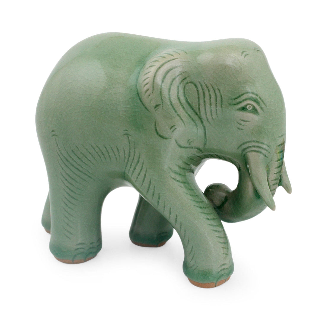 Celadon Ceramic Elephant Figurine by Thai Artisans - Purposeful Elephant
