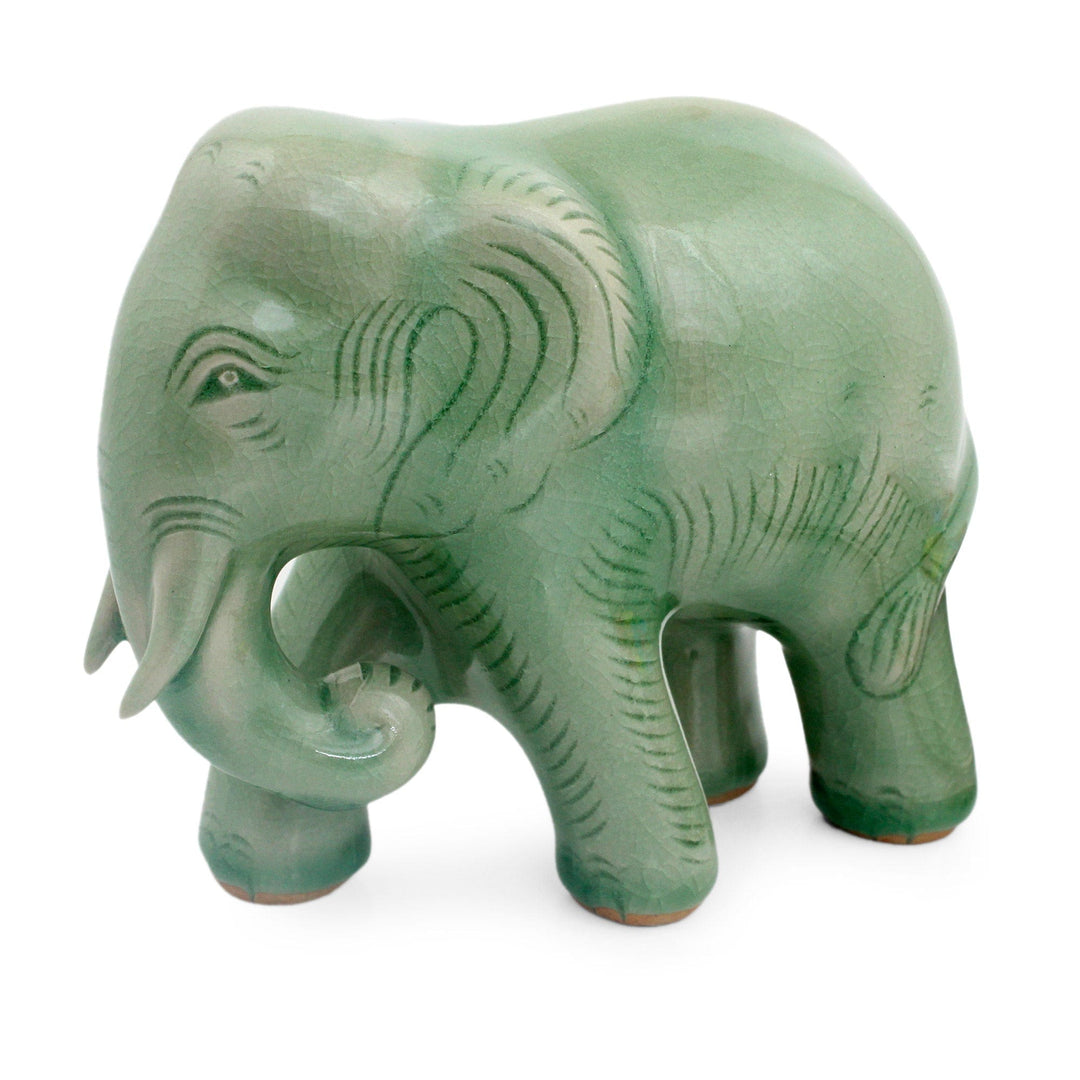 Celadon Ceramic Elephant Figurine by Thai Artisans - Purposeful Elephant