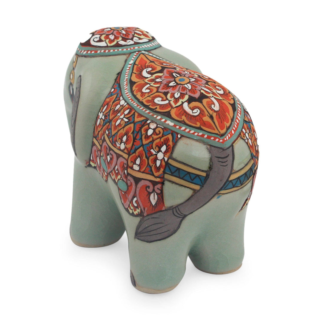 Artisan Crafted Thai Celadon Ceramic Elephant Statuette - Royal Thai Elephant