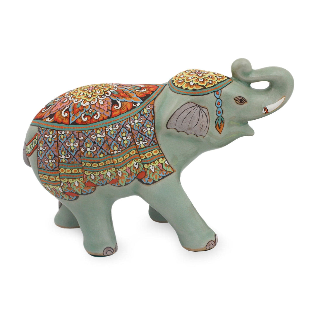 Green Celadon Ceramic Elephant Handcrafted in Thailand - Trumpeting Elephant