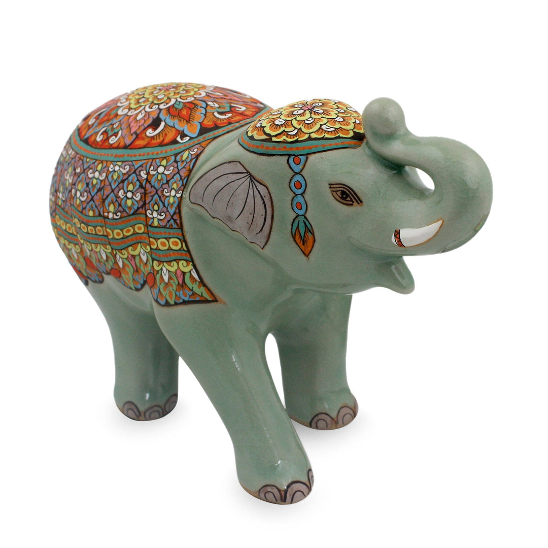 Green Celadon Ceramic Elephant Handcrafted in Thailand - Trumpeting Elephant
