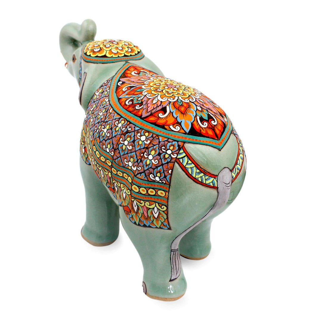 Green Celadon Ceramic Elephant Handcrafted in Thailand - Trumpeting Elephant