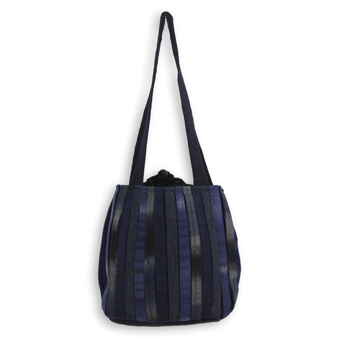 Hand Woven Cotton Shoulder Bag in Blue and Black - Orient Blue