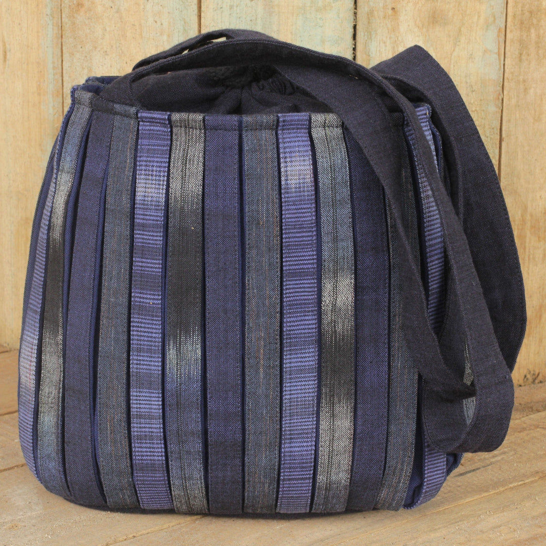 Hand Woven Cotton Shoulder Bag in Blue and Black - Orient Blue