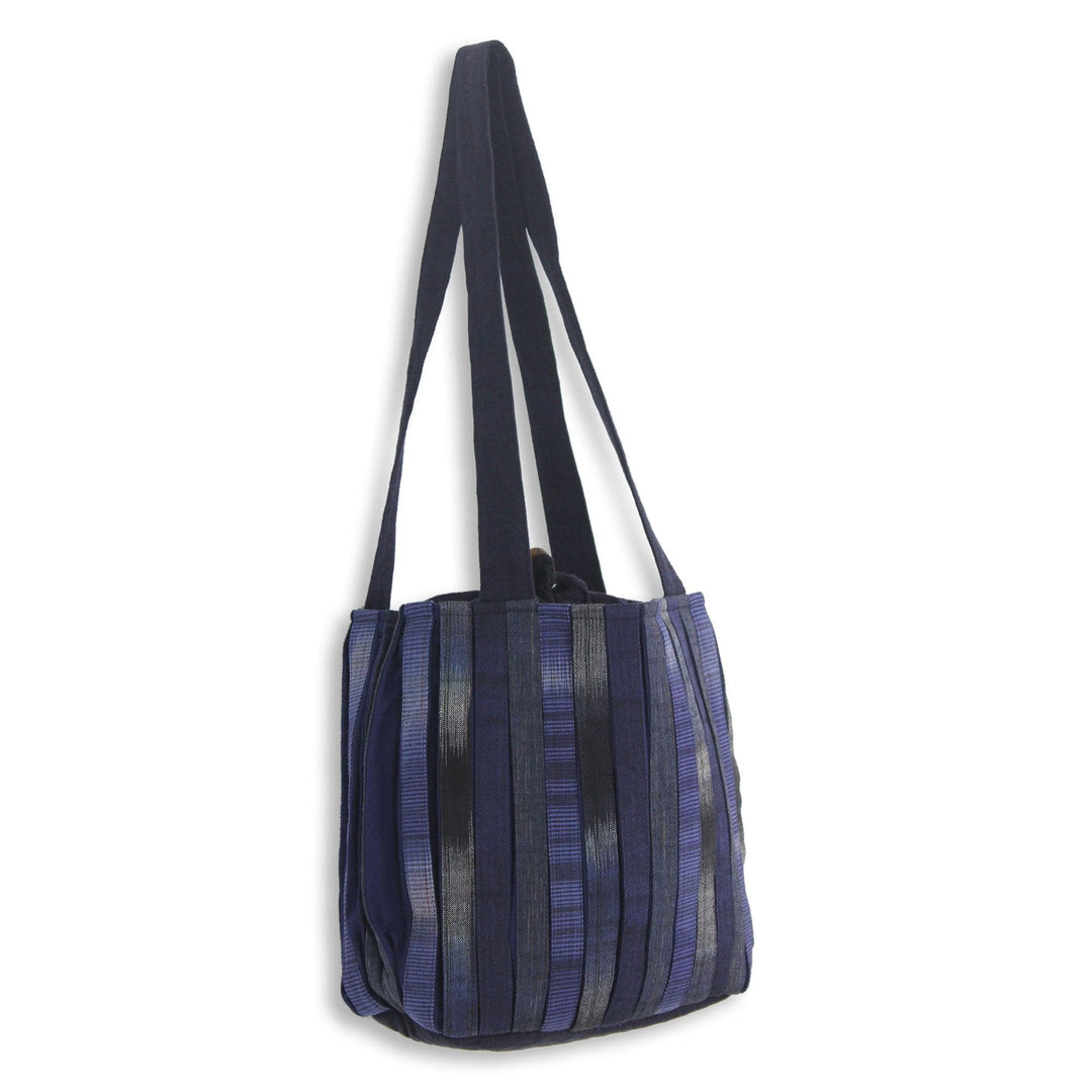 Hand Woven Cotton Shoulder Bag in Blue and Black - Orient Blue