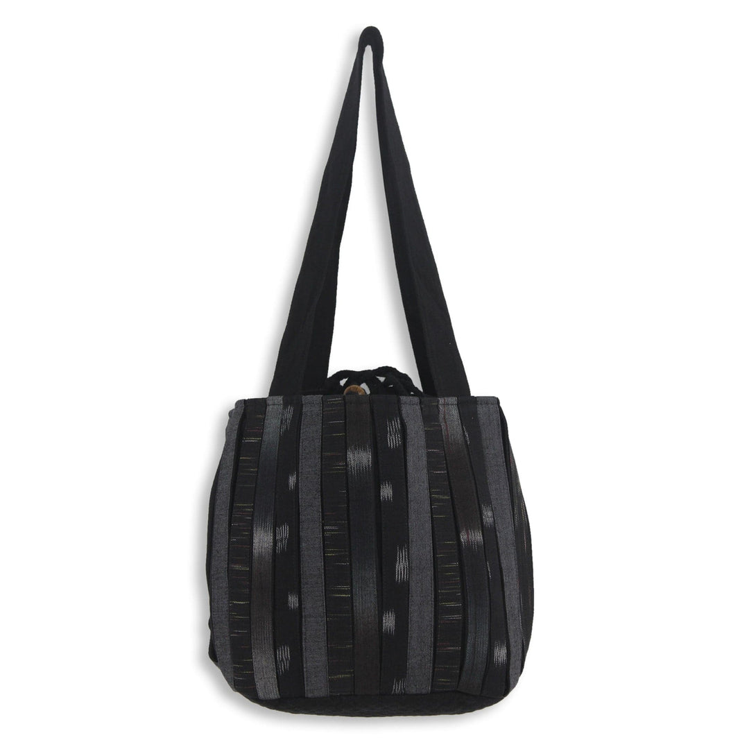 Dark Ikat Style Hand Woven Cotton Shoulder Bag with Pockets - Orient Black