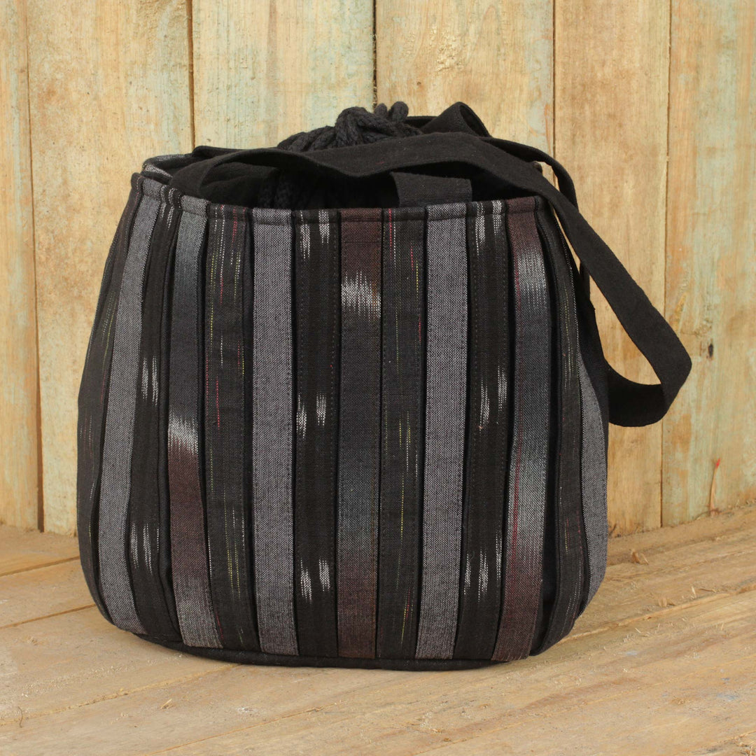 Dark Ikat Style Hand Woven Cotton Shoulder Bag with Pockets - Orient Black
