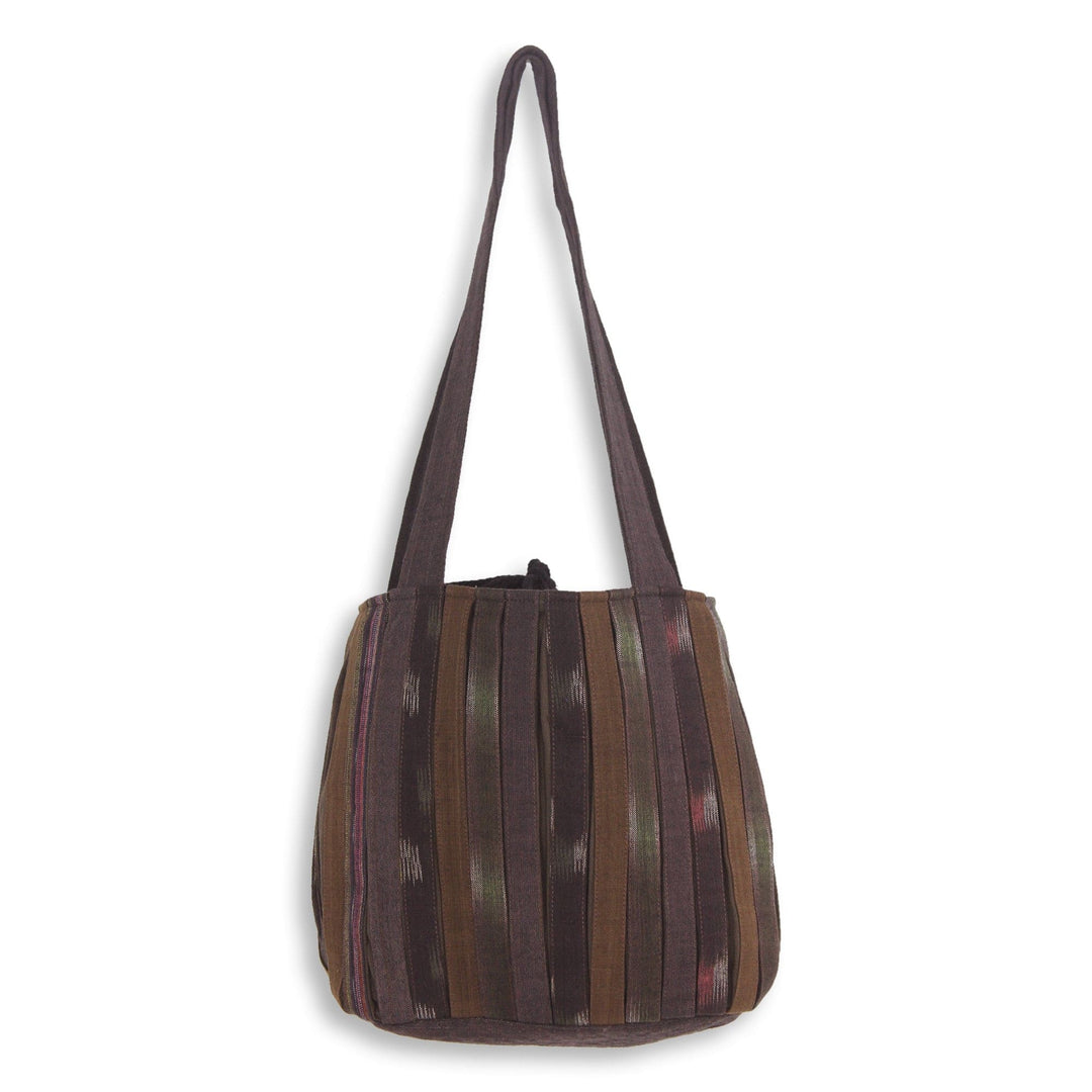 Ikat Style Hand Woven Cotton Shoulder Bag with Pockets - Oriental Dark Brown