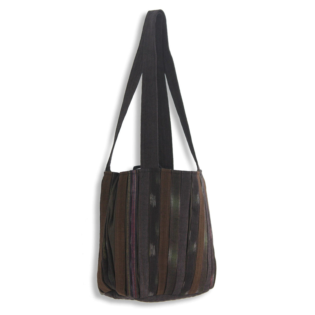 Ikat Style Hand Woven Cotton Shoulder Bag with Pockets - Oriental Dark Brown