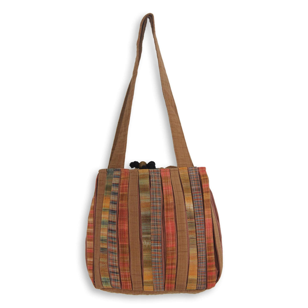 Pleated Shoulder Bag with 3 Pockets in Hand Woven Cotton - Oriental Brown