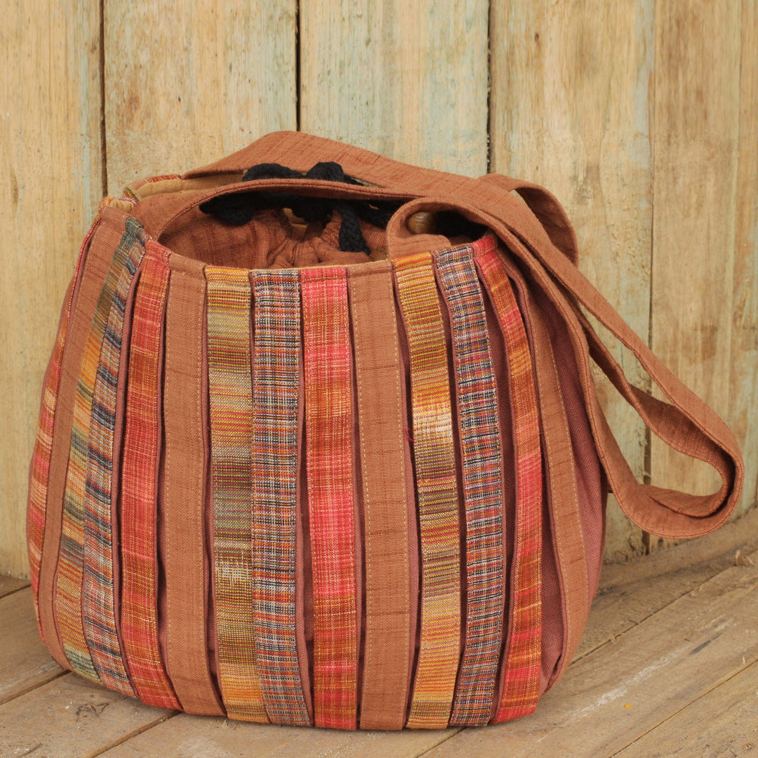 Pleated Shoulder Bag with 3 Pockets in Hand Woven Cotton - Oriental Brown