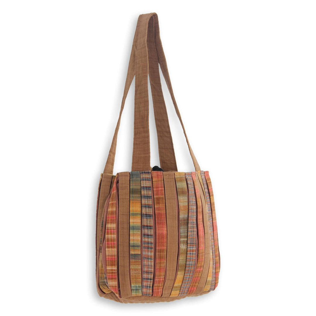 Pleated Shoulder Bag with 3 Pockets in Hand Woven Cotton - Oriental Brown