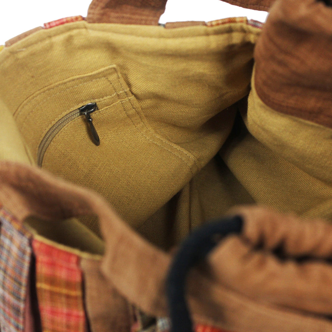 Pleated Shoulder Bag with 3 Pockets in Hand Woven Cotton - Oriental Brown