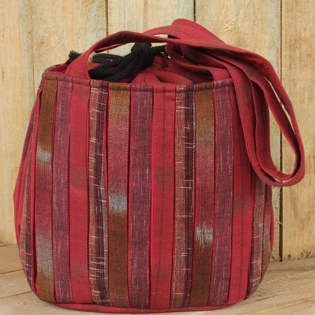 Hand Woven Red Ikat Style Cotton Shoulder Bag with Pockets - Orient Red