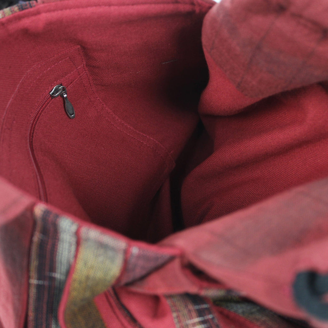 Hand Woven Red Ikat Style Cotton Shoulder Bag with Pockets - Orient Red